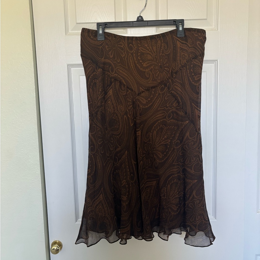 Lauren Ralph Lauren Silk Brown Paisley Floral Ruffle Hem Skirt Size 14
